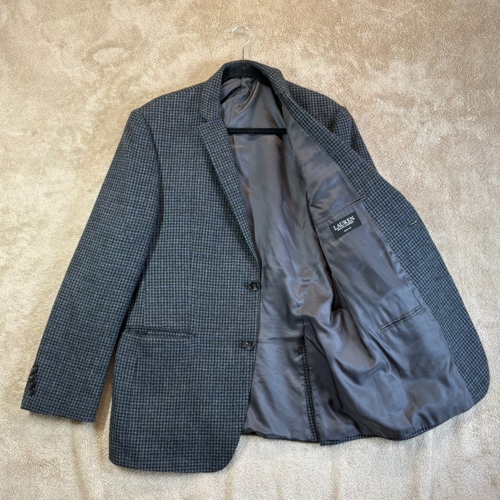 Lauren Ralph Lauren Mens 42L Wool Houndstooth Blazer Sport Coat Grey Black EUC
